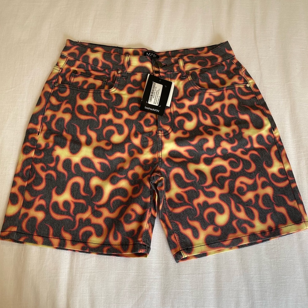 Boohoo Man Relaxed Fit Flame Denim Shorts